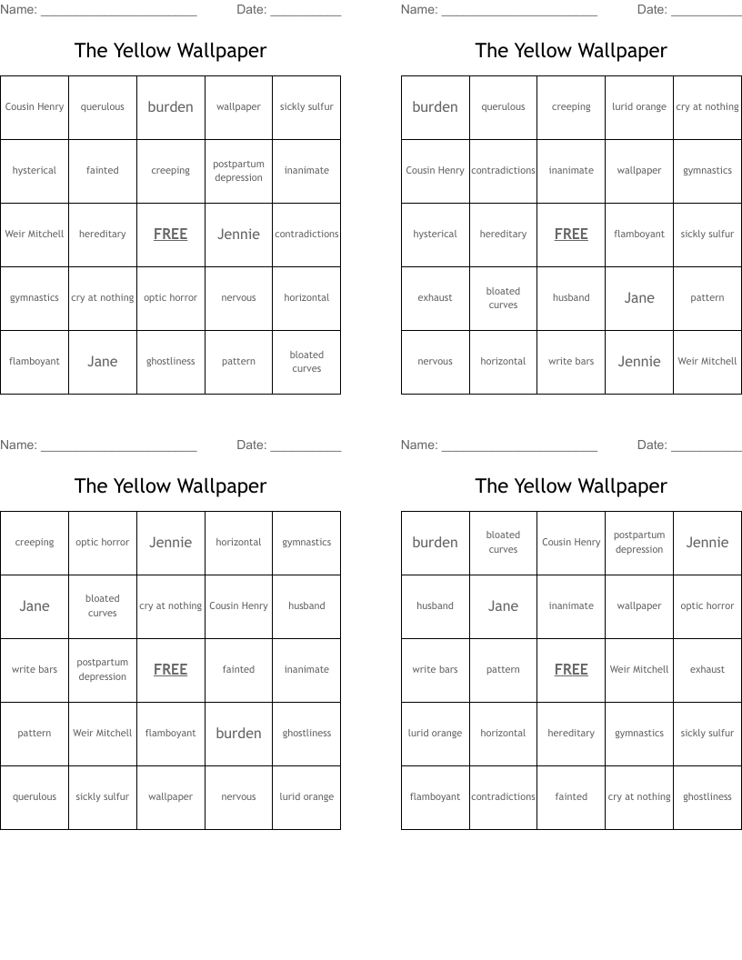 The Yellow Wallpaper Bingo Cards