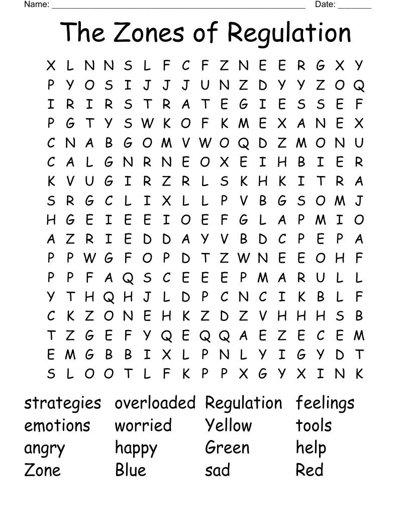 The Zones of Regulation Word Search