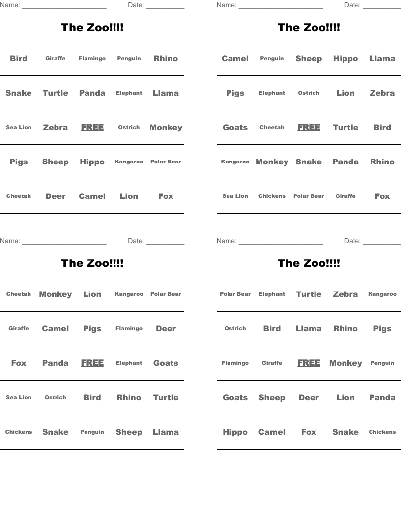 The Zoo!!!! Bingo Cards