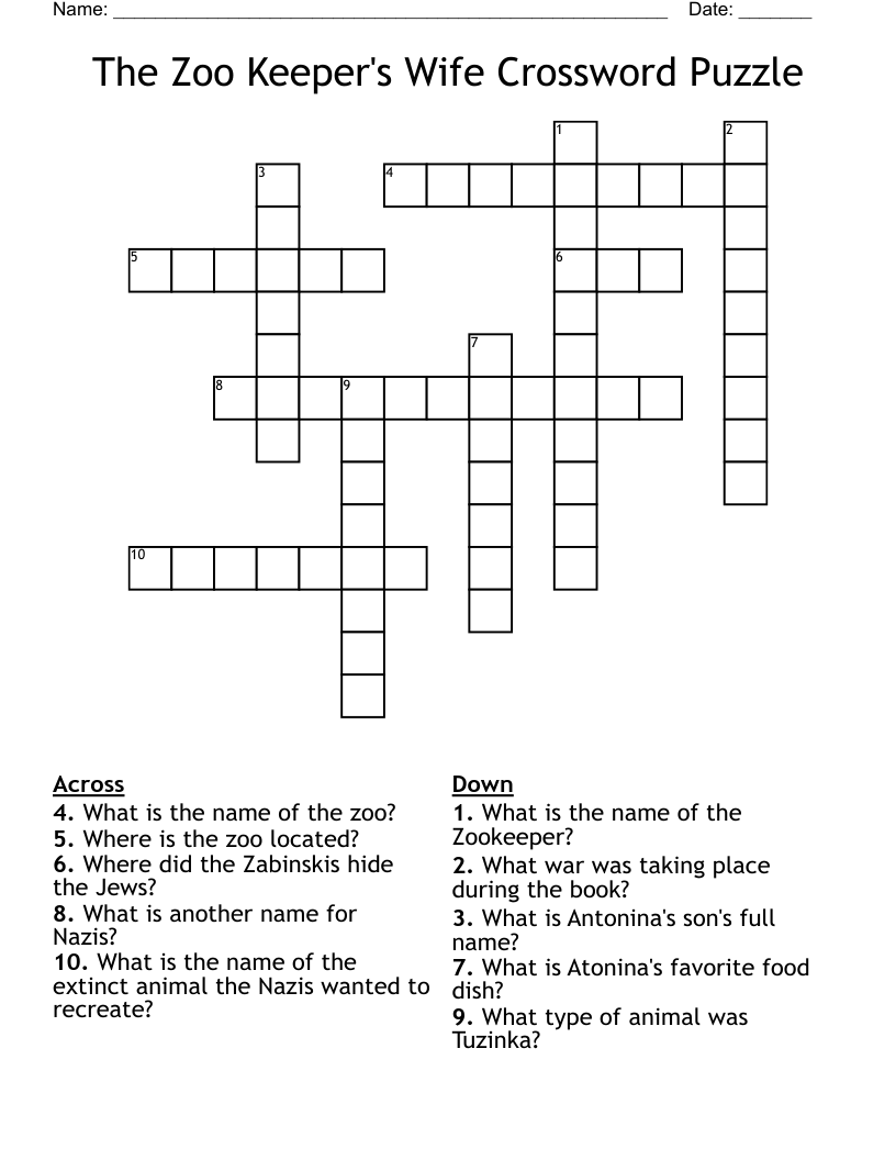 The Zoo Keeper's Wife Crossword Puzzle