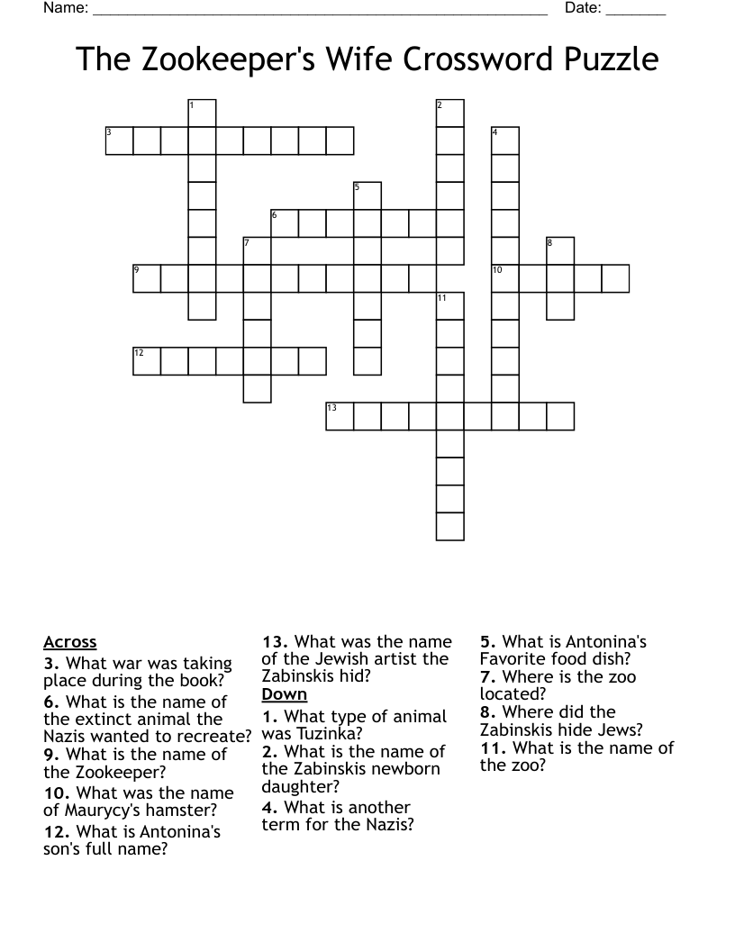 The Zookeeper's Wife Crossword Puzzle