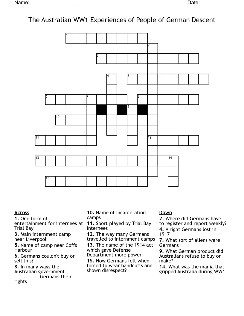 The  Australian   WW1 Experiences of People of German Descent Crossword