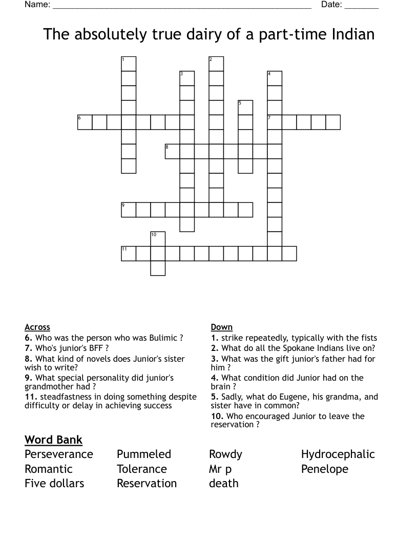 The absolutely true dairy of a part-time Indian Crossword
