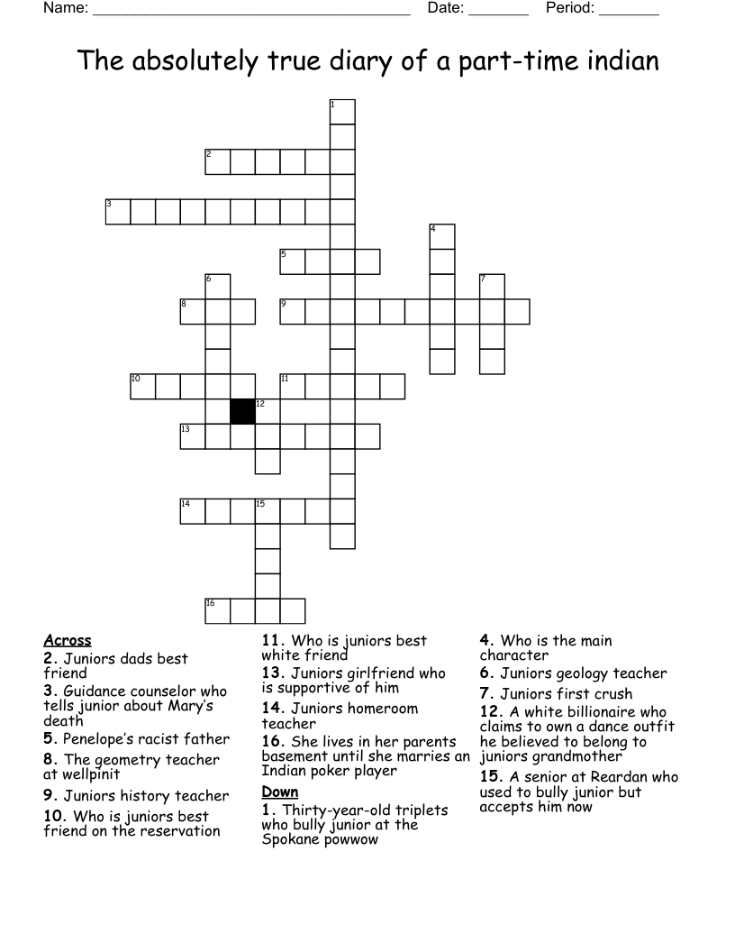 The absolutely true diary of a part-time indian Crossword