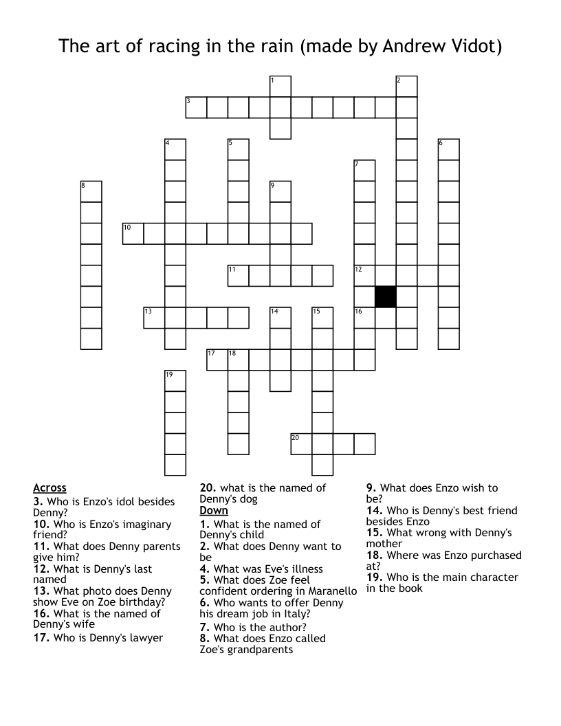 The art of racing in the rain (made by Andrew Vidot) Crossword