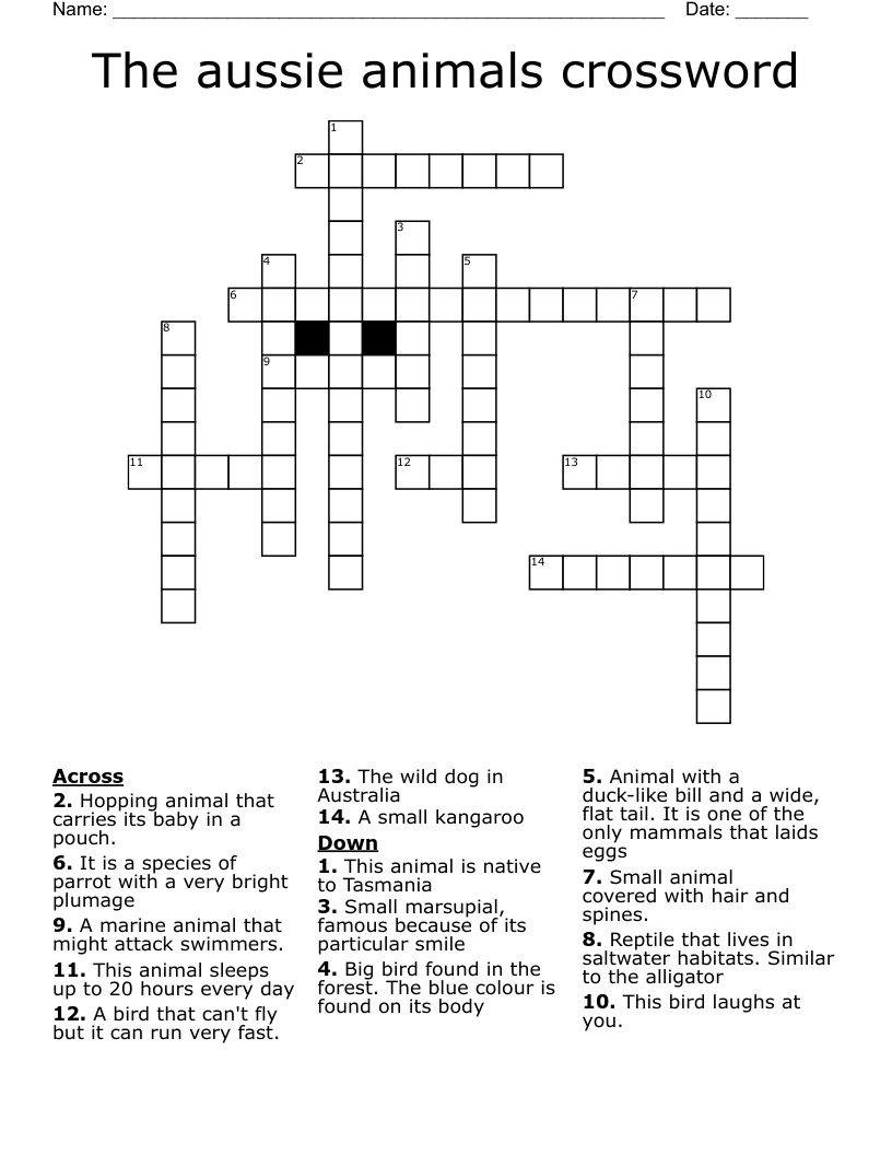 The aussie animals crossword