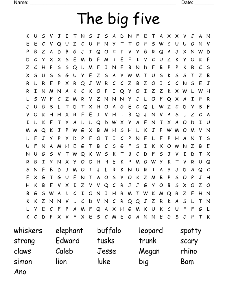 The big five Word Search