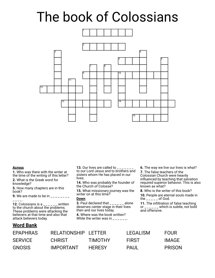 The book of Colossians Crossword