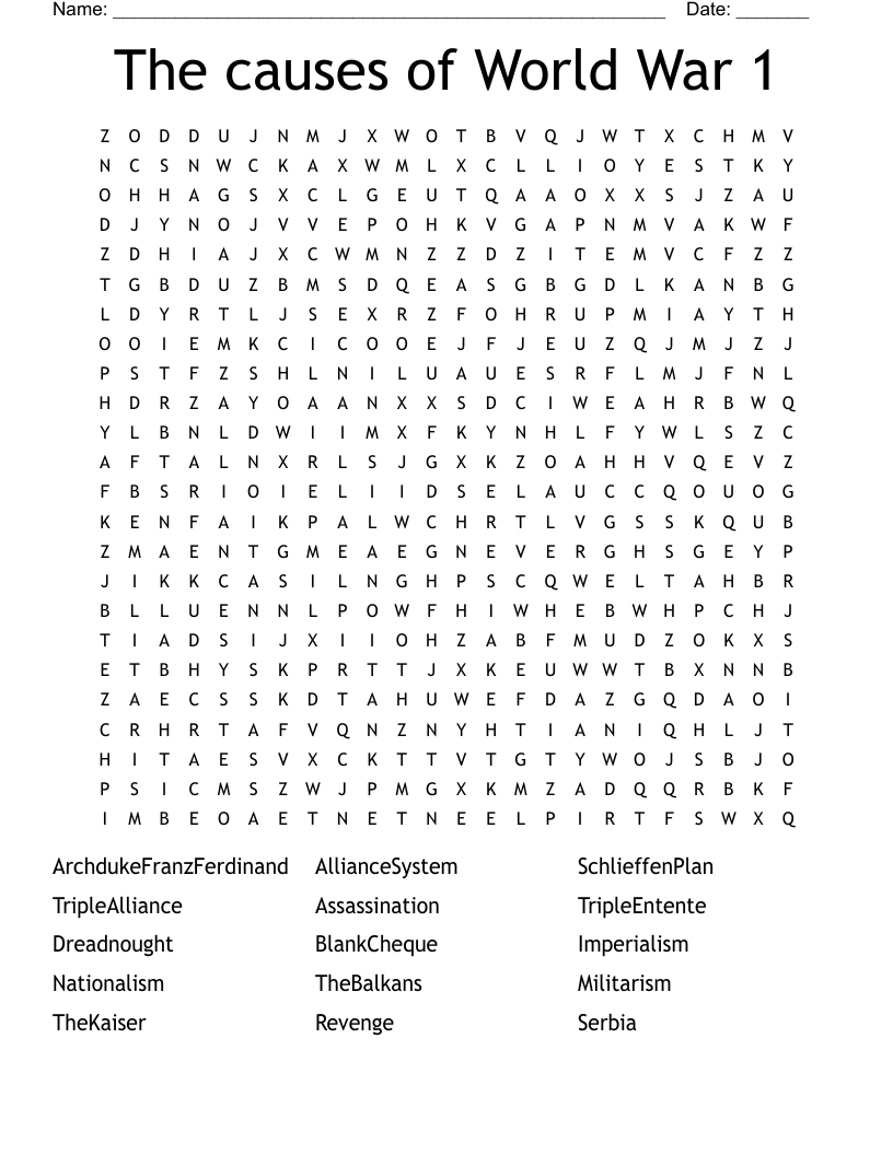 The causes of World War 1 Word Search