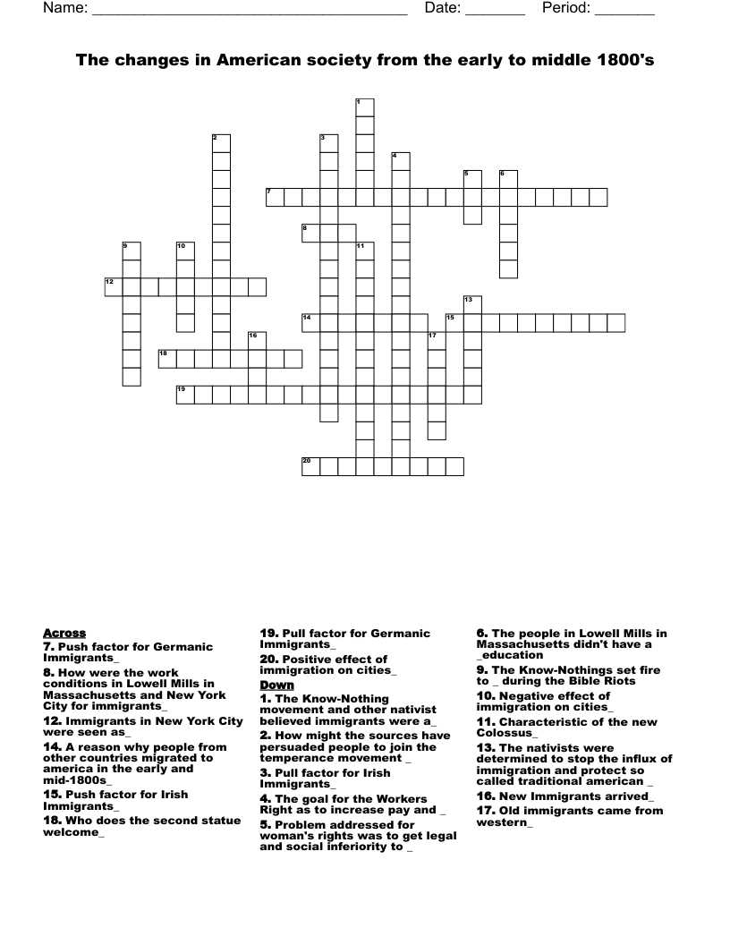 The changes in American society from the early to middle 1800's Crossword