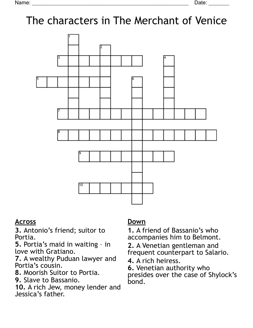 The characters in The Merchant of Venice Crossword