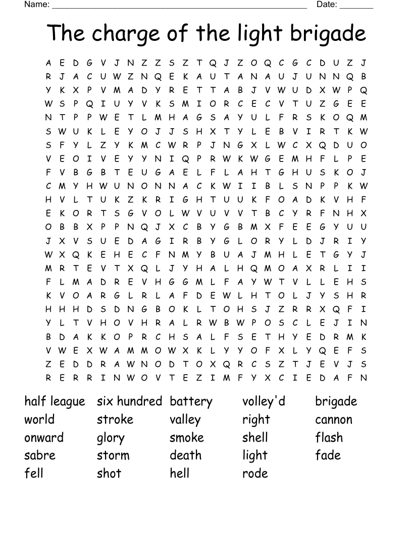 The charge of the light brigade  Word Search