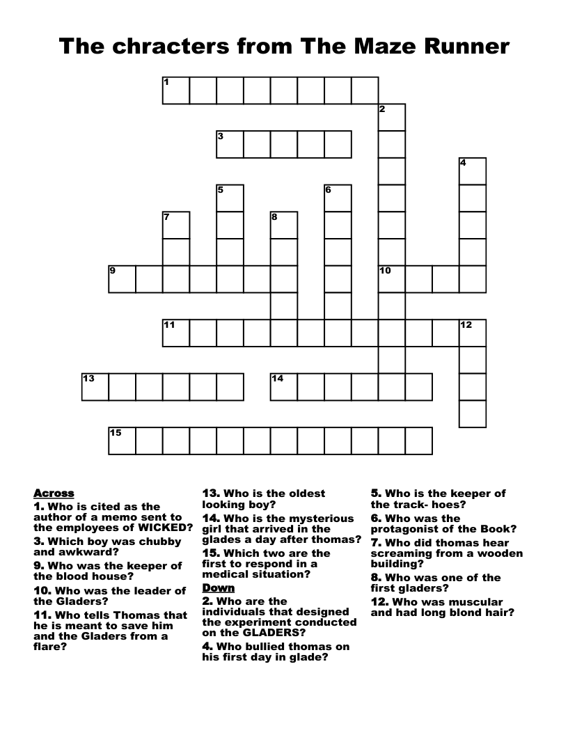 The chracters from The Maze Runner Crossword
