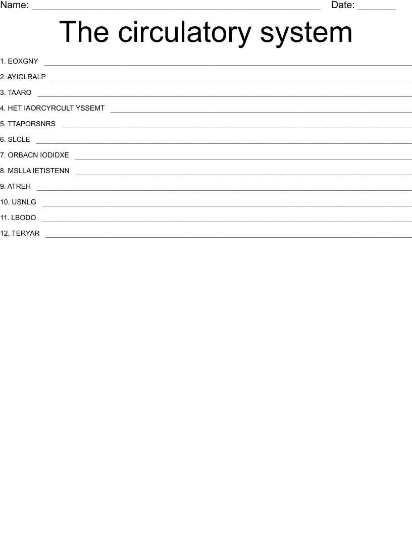 The circulatory system Word Scramble