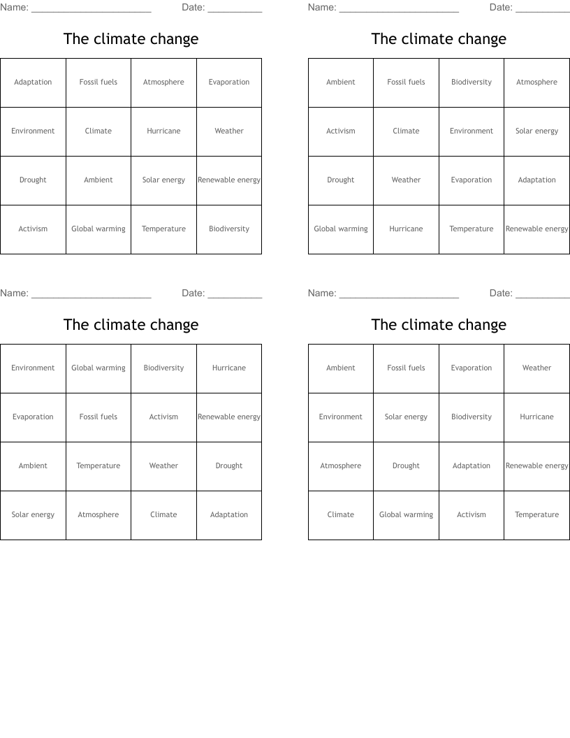 The climate change  Bingo Cards