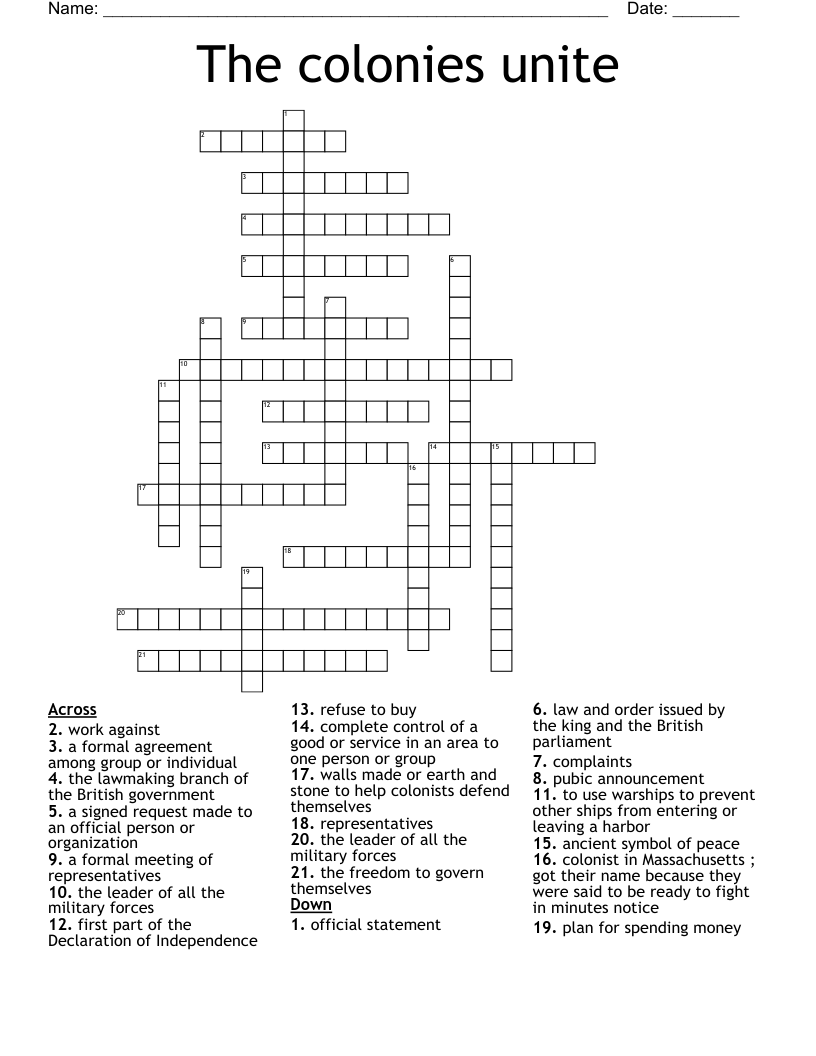The colonies unite  Crossword