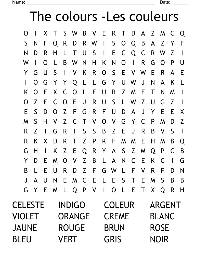 The colours -Les couleurs  Word Search