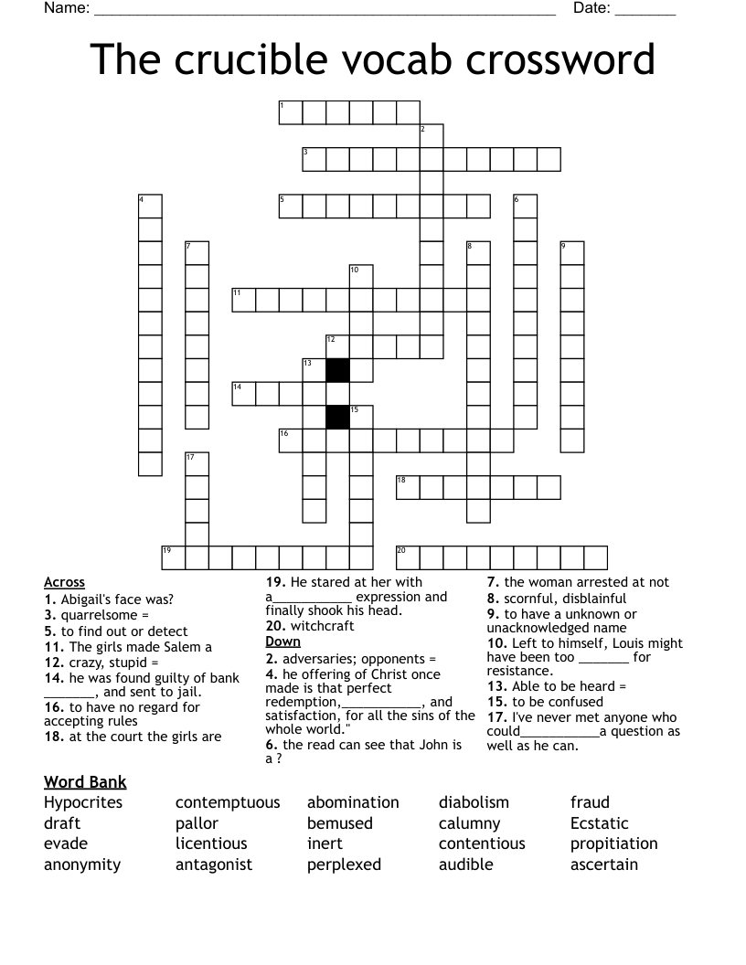 The crucible vocab crossword  