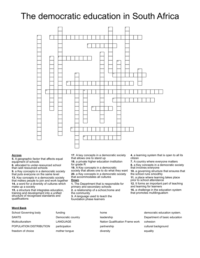 The democratic education in South Africa Crossword
