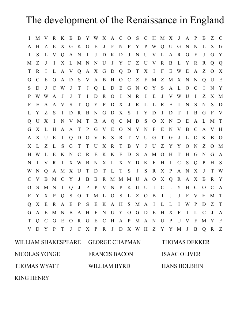 The development of the Renaissance in England Word Search
