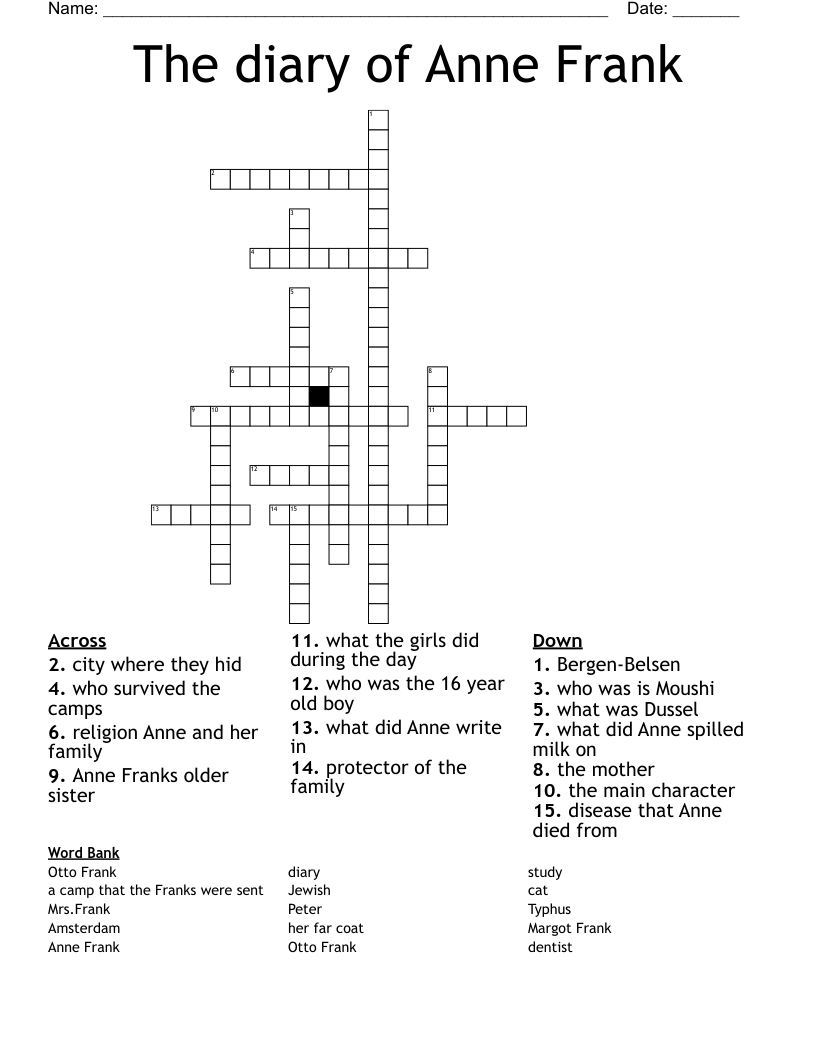 The diary of Anne Frank Crossword