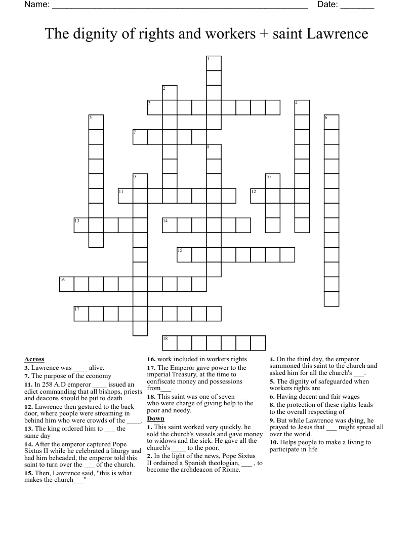 The dignity of rights and workers + saint Lawrence  Crossword