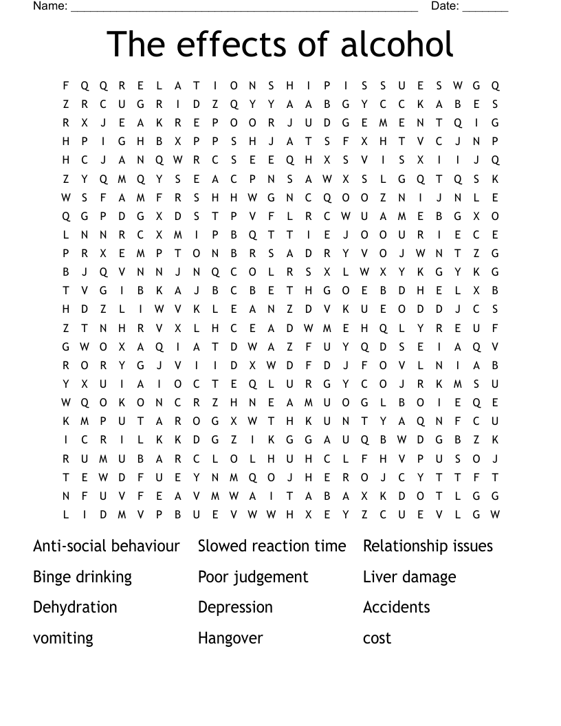 The effects of alcohol Word Search