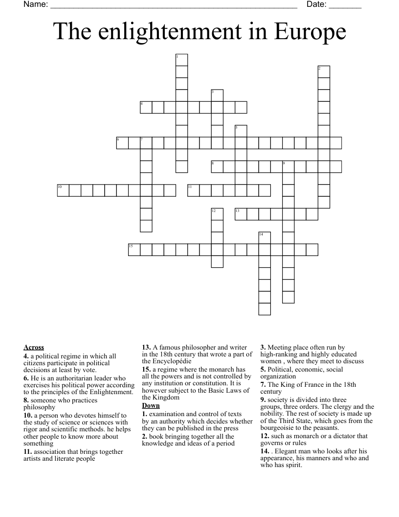 The enlightenment in Europe  Crossword