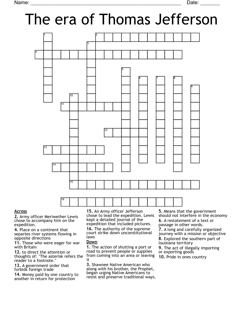 The era of Thomas Jefferson Crossword