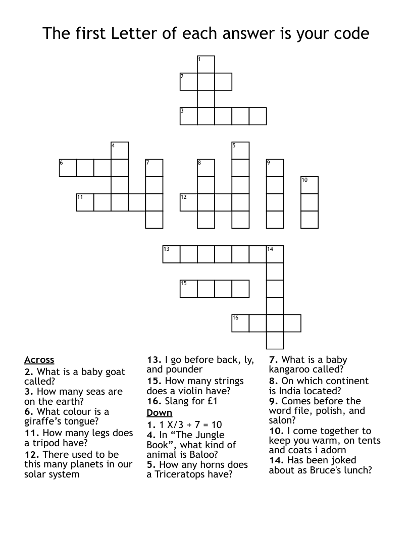 The first Letter of each answer is your code Crossword