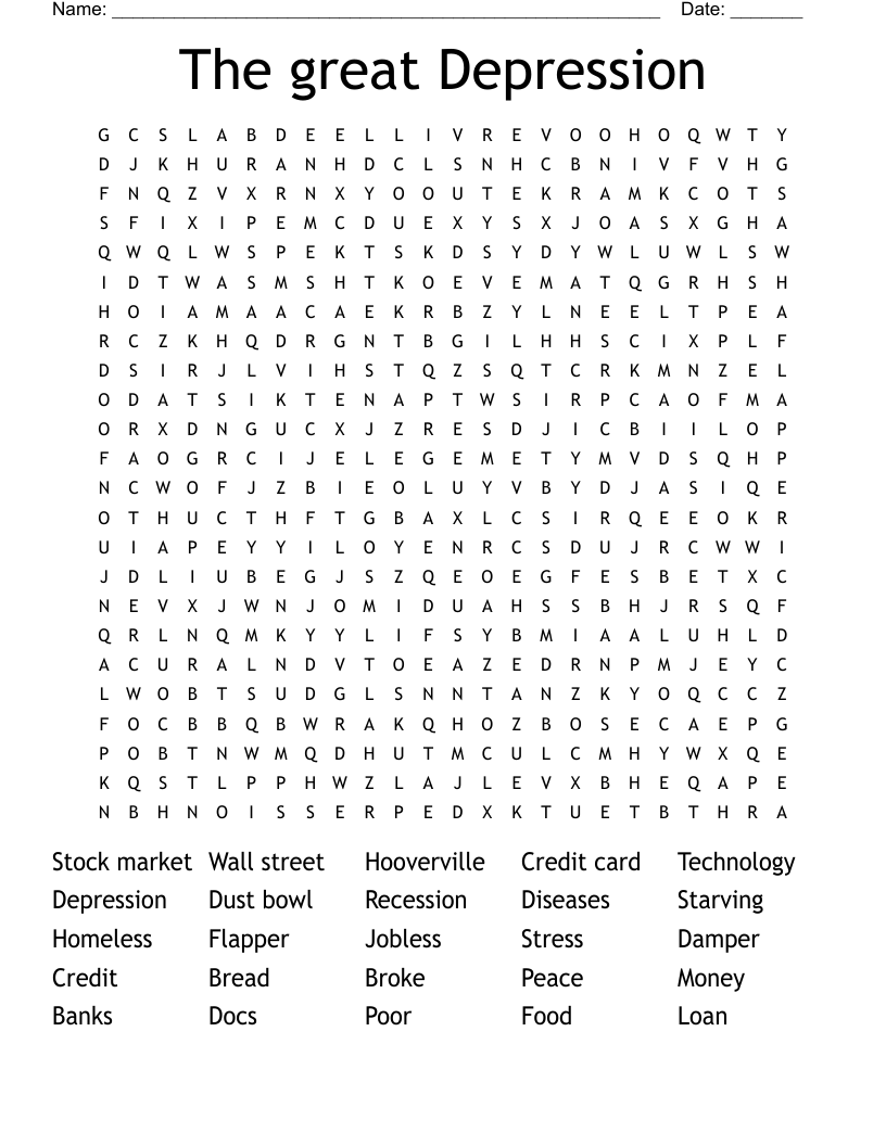 The great Depression Word Search