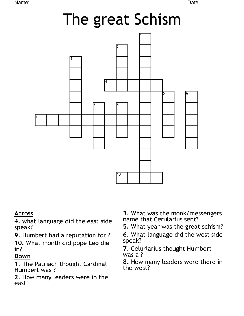 The great Schism Crossword