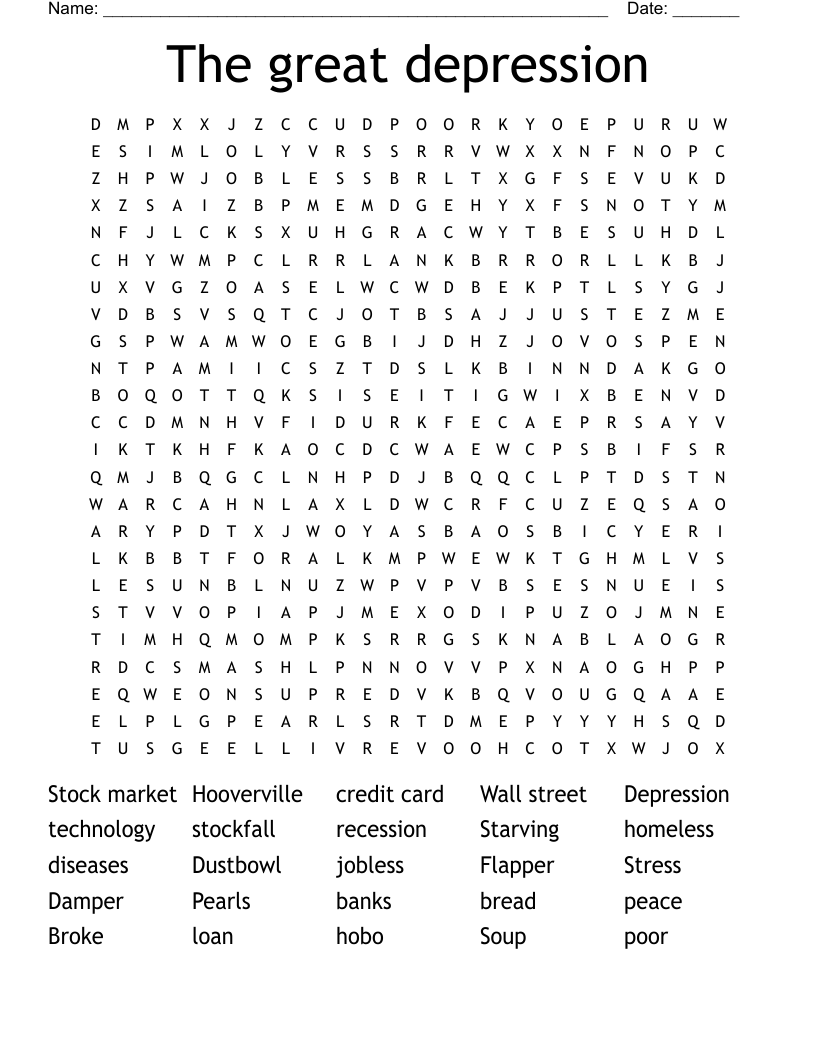 The great depression Word Search