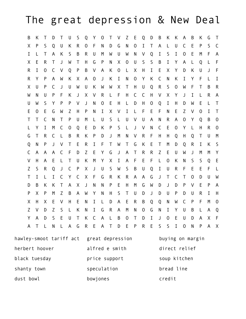 The great depression & New Deal Word Search