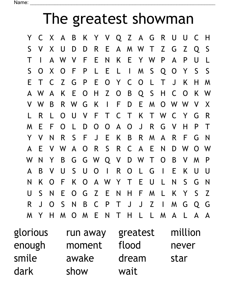 The greatest showman Word Search