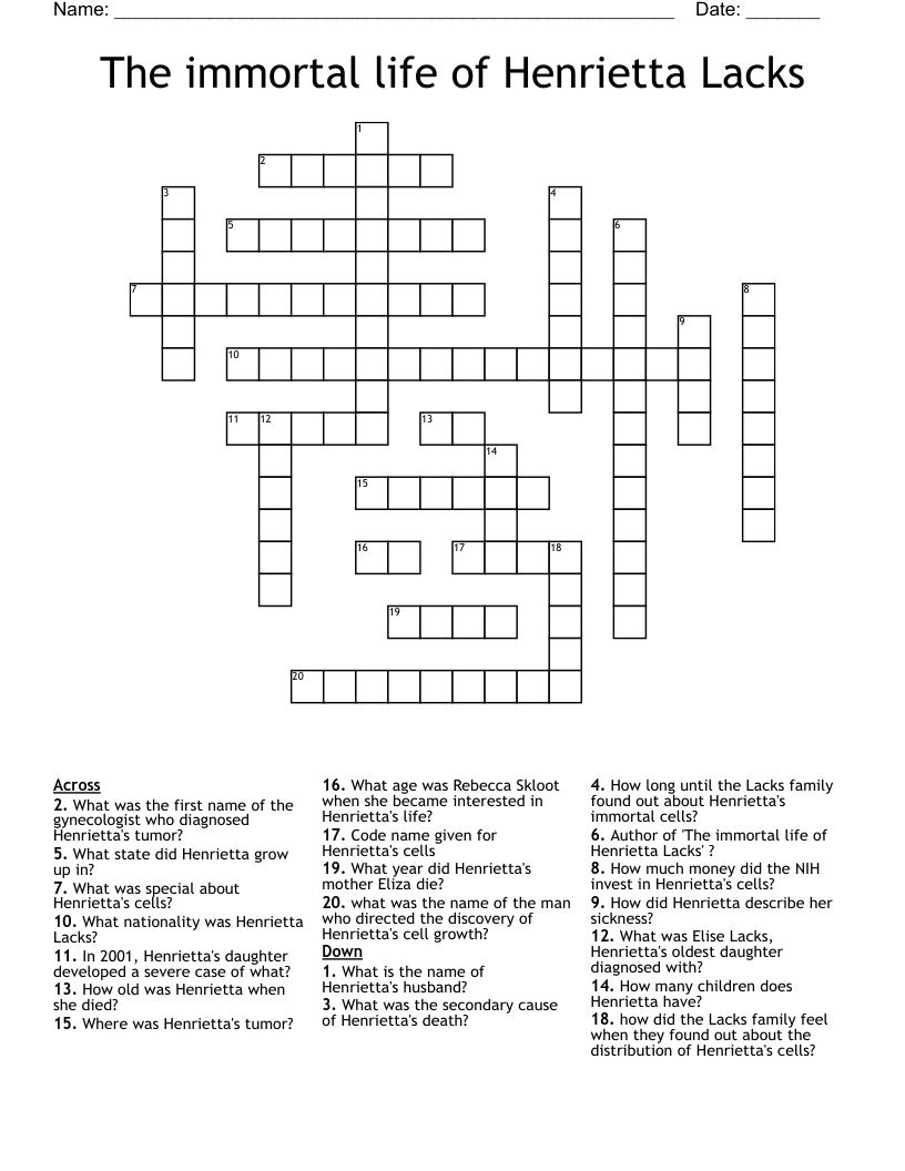 The immortal life of Henrietta Lacks  Crossword
