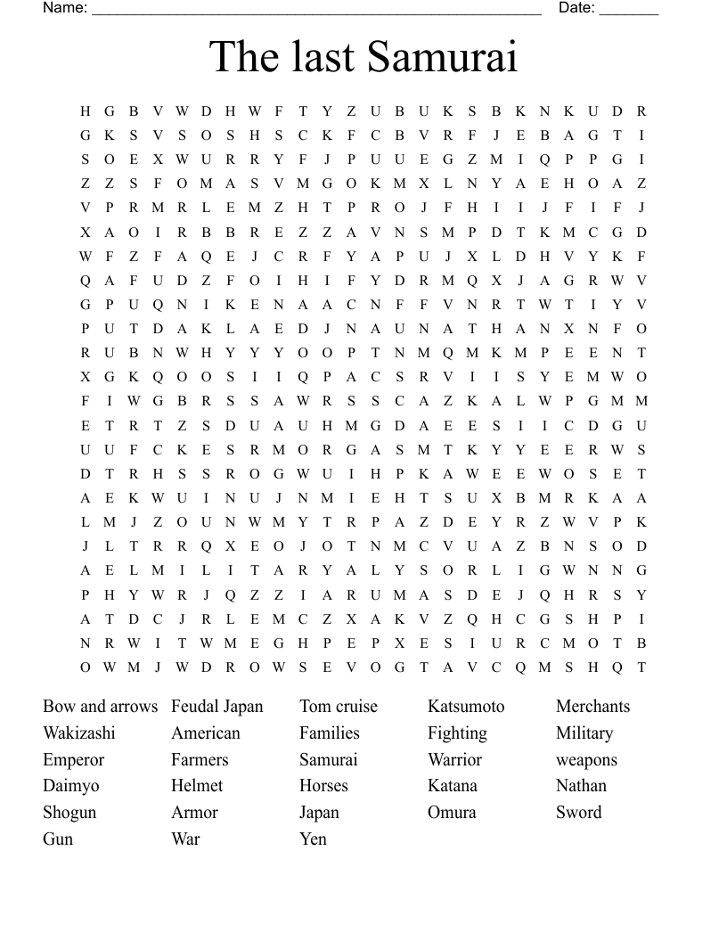 The last Samurai  Word Search