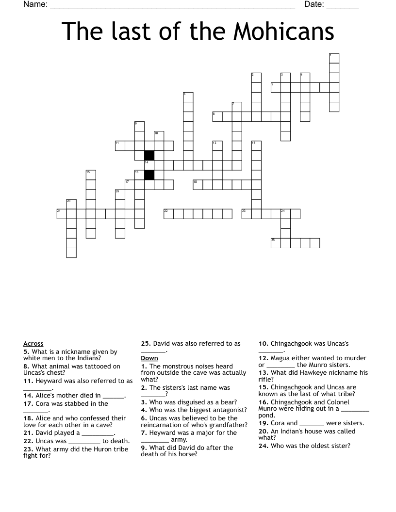 The last of the Mohicans  Crossword