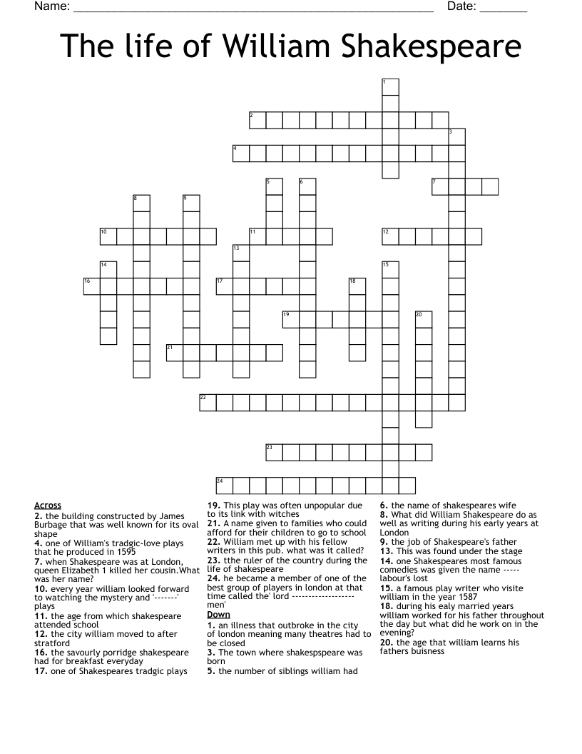 The life of William Shakespeare Crossword