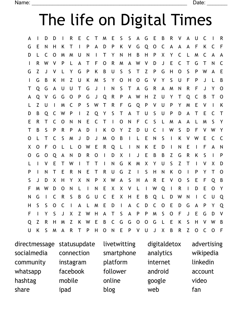 The life on Digital Times Word Search