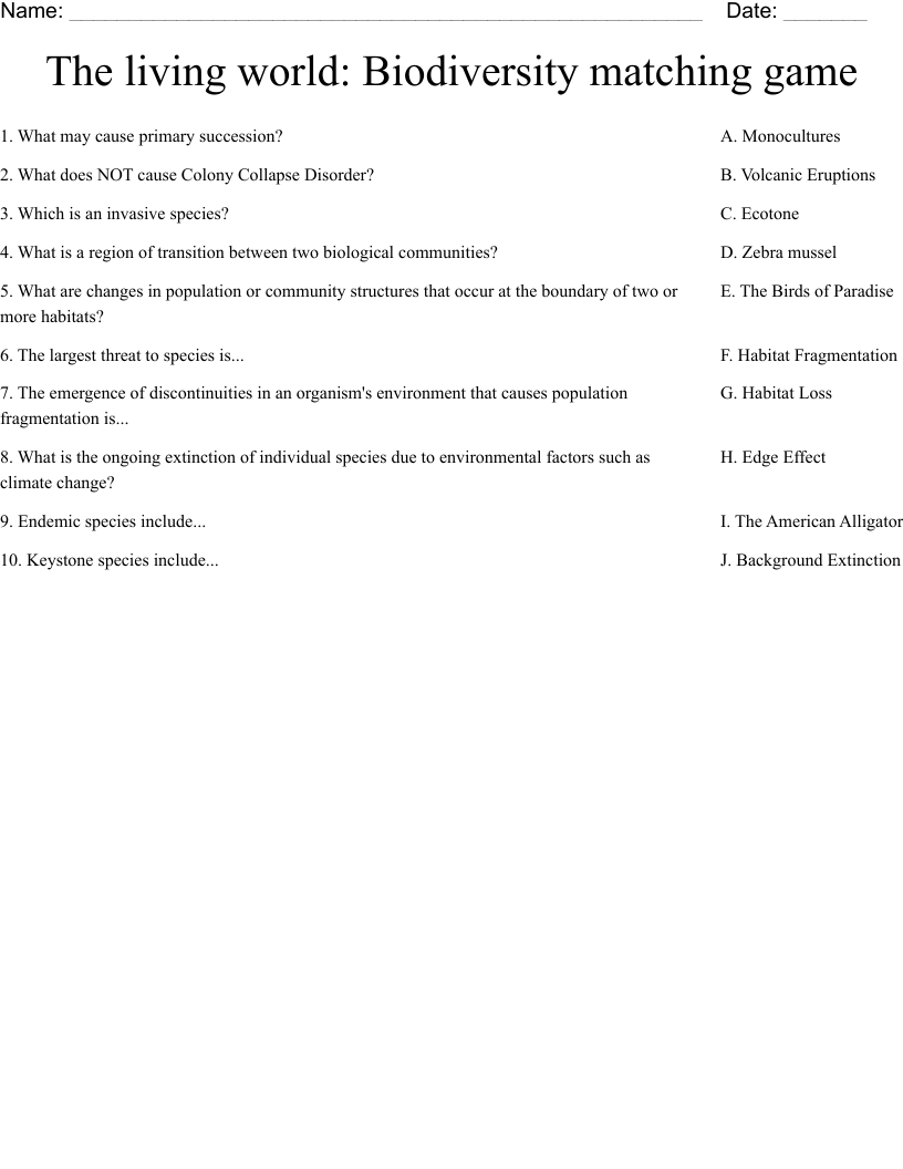 The living world: Biodiversity matching game Worksheet