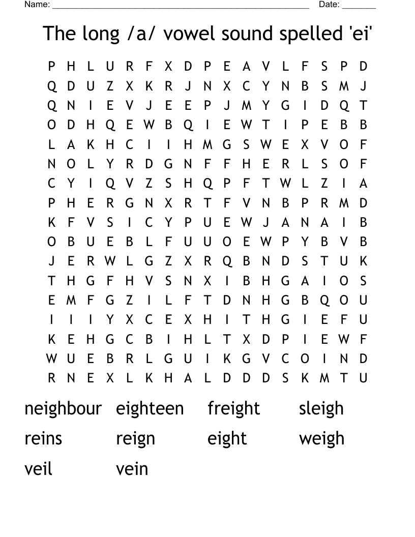 The long /a/ vowel sound spelled 'ei' Word Search