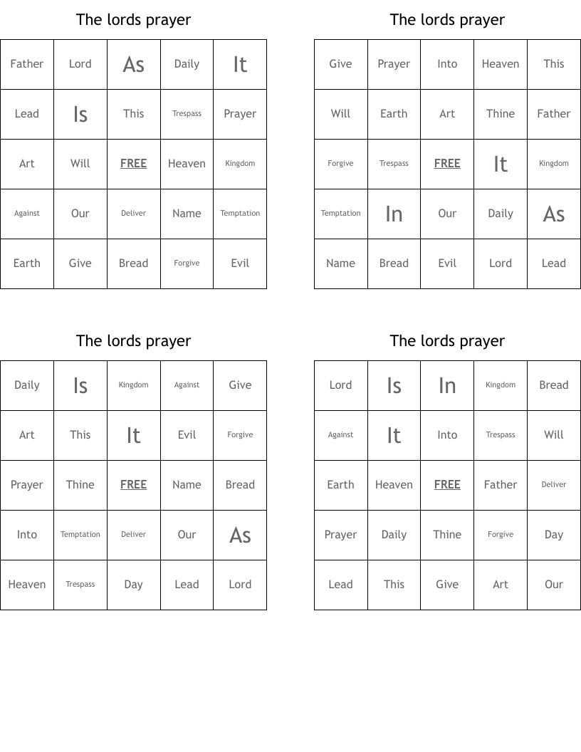 The lords prayer Bingo Cards