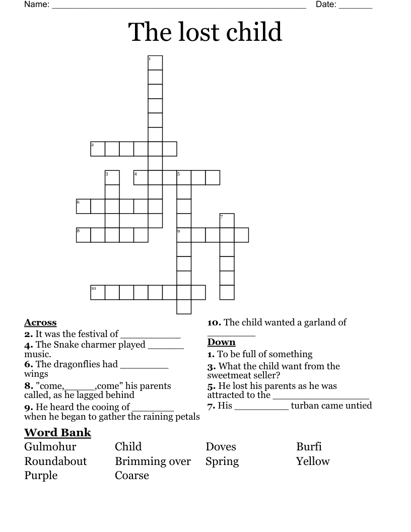 The lost child Crossword