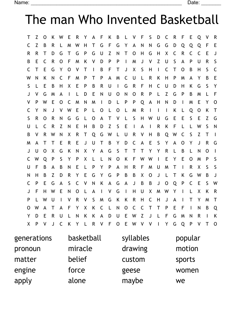 The man Who Invented Basketball Word Search