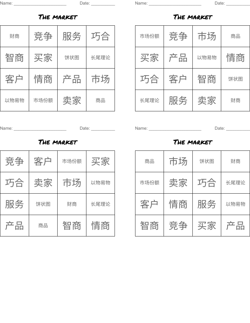 The market Bingo Cards