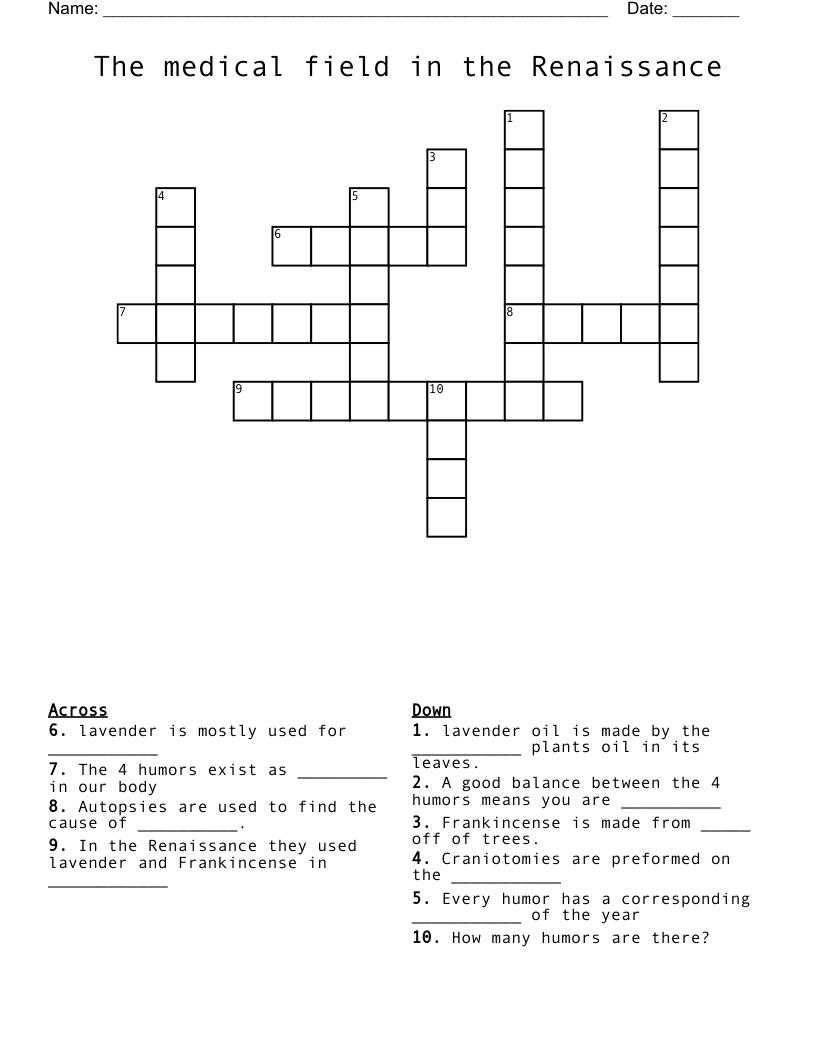 The medical field in the Renaissance  Crossword