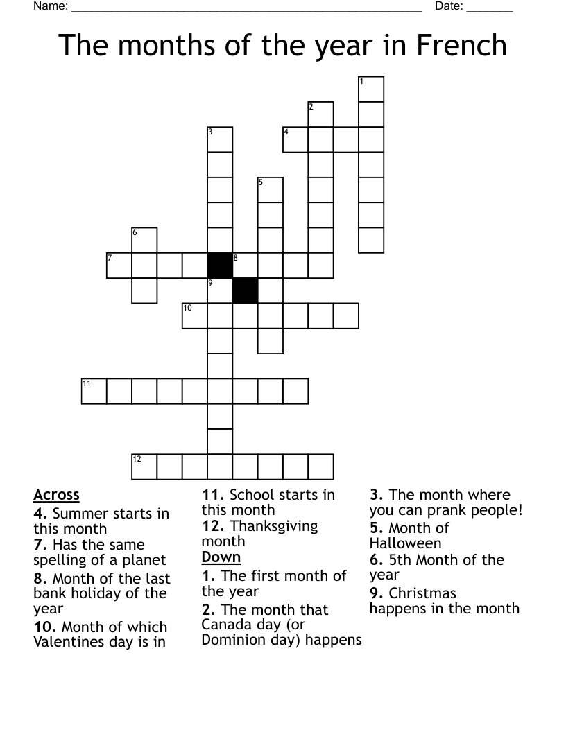 The months of the year in French Crossword