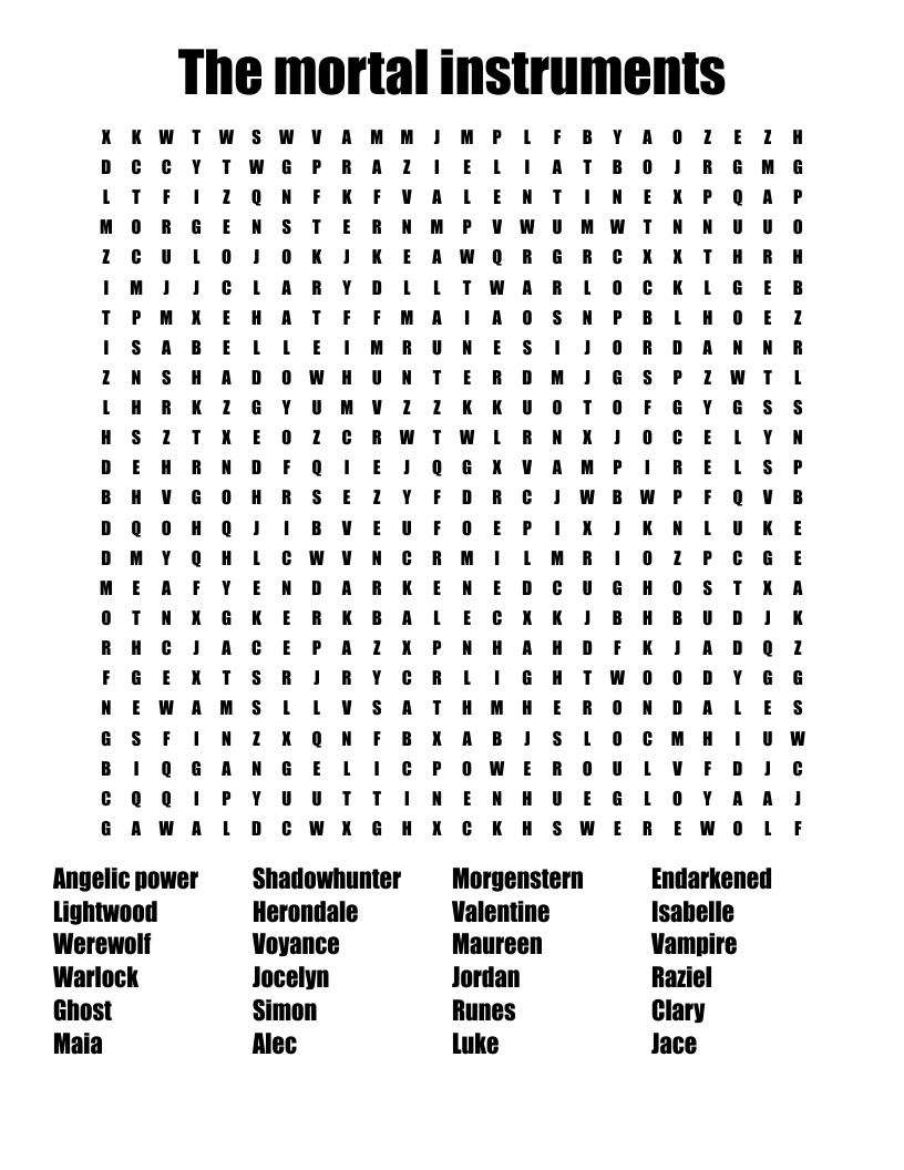 The mortal instruments Word Search