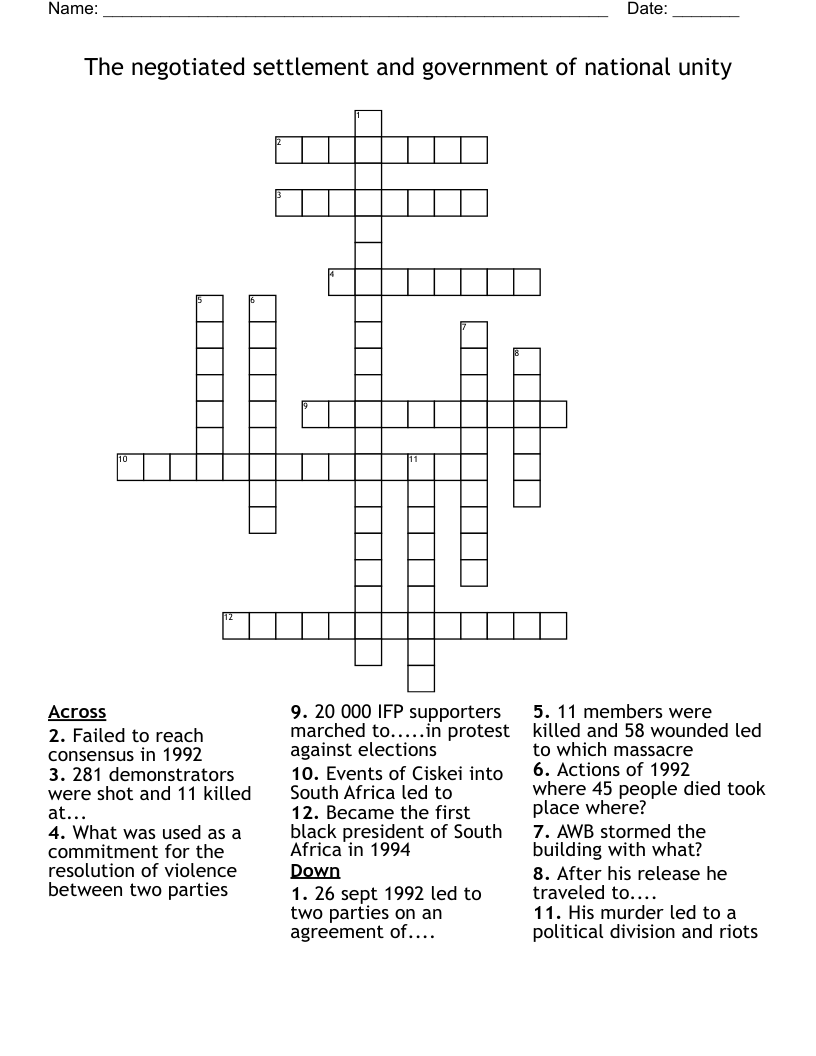 The negotiated settlement and government of national unity Crossword